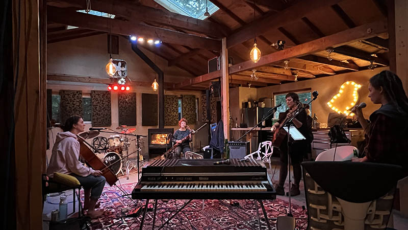 A recording studio with cool lighting